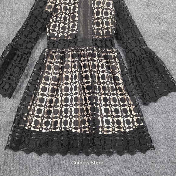 EillyBazar Dress Womens Medium Black Crochet High Neck Bell Sleeve Mini Cocktail - Picture 5 of 13